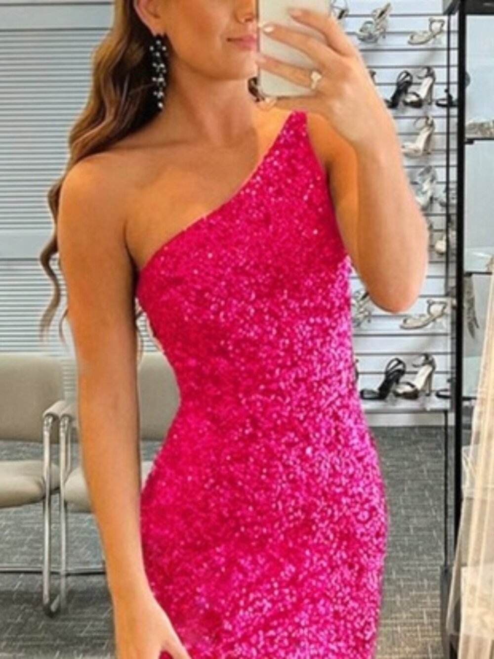 La Femme Fuchsia Sequin One-Shoulder Prom Formal Dress Gown Hot Pink